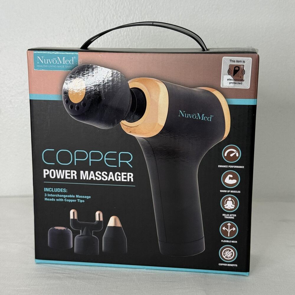 NuvoMed Copper Power Massager Cordless Massage Gun Black 3 Heads Rechargeable